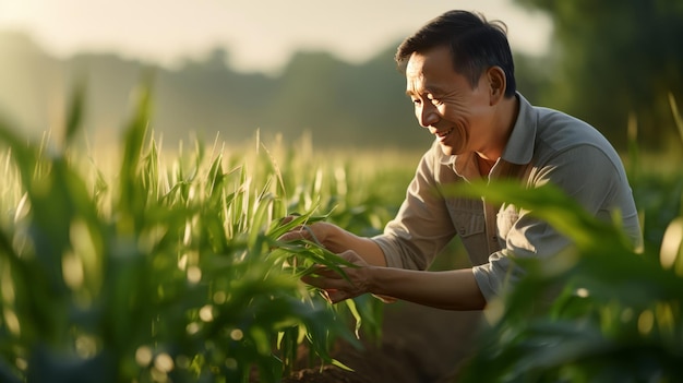 Agricoltore asiatico in un campo di mais che cresce utilizzando una tavoletta digitale per rivedere il raccolto