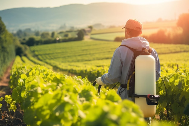 Agricoltore che applica insetticidi in un vigneto Rolling vineyard hills