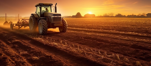 Agricoltore che ara i suoi campi al tramonto