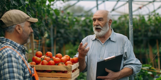 Agricoltore che coltiva verdure in una serra IA generativa