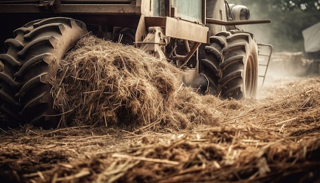 Agricoltore che lavora all'aperto con macchinari agricoli che raccolgono il grano in estate generati dall'intelligenza artificiale