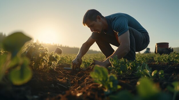 Agricoltore che lavora su un campo di patate al tramonto Giovane uomo che pianta patate