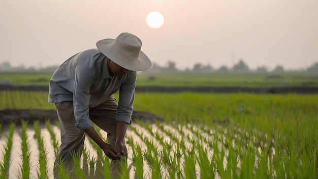 Agricoltore che pianta sul terreno agricolo di riso paddy