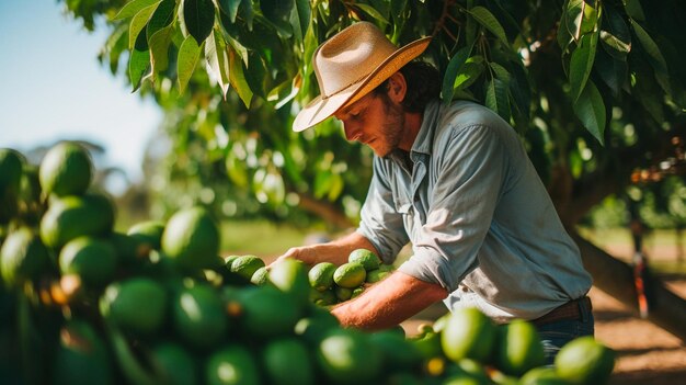 agricoltore che raccoglie frutta nel giardino