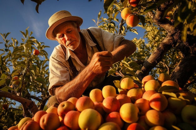 Agricoltore che raccoglie frutti in un campo Raccolta e concetto agricolo