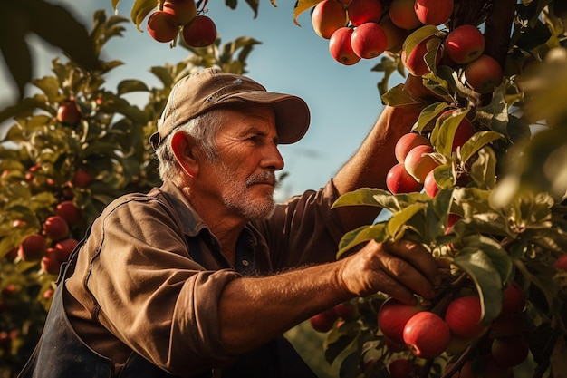 Agricoltore che raccoglie mele in un campo Raccolta e concetto agricolo