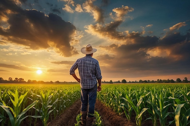 Agricoltore che si gode il tramonto su un campo di mais che riflette sull'agricoltura sostenibile e sugli alimenti salutari con ampio spazio per la pubblicità