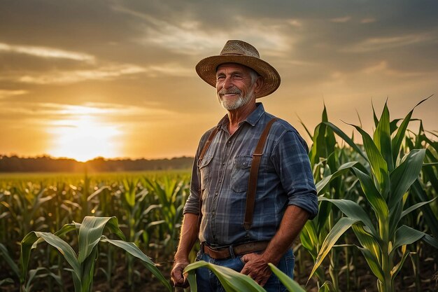 Agricoltore che si gode il tramonto su un campo di mais che riflette sull'agricoltura sostenibile e sugli alimenti salutari con ampio spazio per la pubblicità