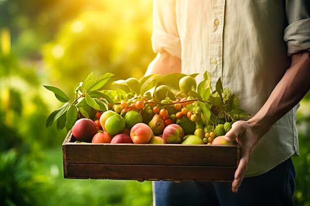 agricoltore che tiene in mano una scatola di legno con raccolto raccolto di diversi frutti in giardino