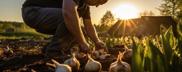 Agricoltore che tiene spicchi e bulbi di aglio biologico freschi in un giardino