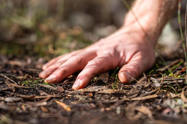 Agricoltore che tocca il suolo mano nel suolo nell'agricoltore biologico rigenerativo che prende campioni di suolo e osserva la crescita delle piante in un'azienda agricola che pratica l'agricoltura sostenibilex9