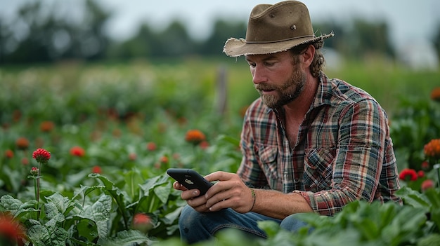 Agricoltore che usa un'app per smartphone per creare una carta da parati da remoto