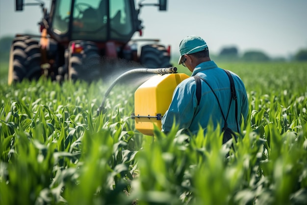 Agricoltore che utilizza attrezzature di precisione per applicare insetticidi in un campo di mais Expansive cornfield