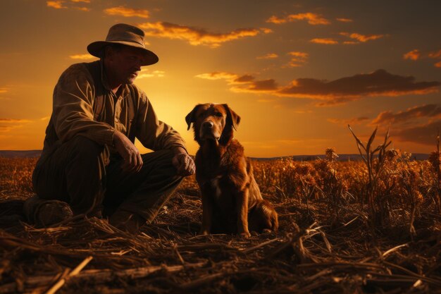 Agricoltore con il suo cane da fattoria vigile in mezzo ai campi AI generativa