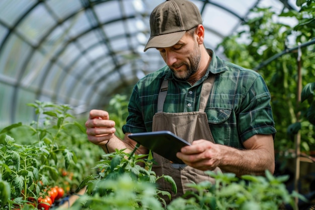 Agricoltore con la barba che usa un tablet in serra Concetto di tecnologia agricola per la progettazione e la stampa