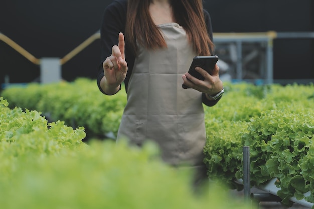 Agricoltore donna asiatica che utilizza la tavoletta digitale nell'orto in serra Concetto di tecnologia agricola aziendale agricoltore intelligente di qualità