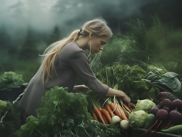 Agricoltore donna che raccoglie verdure in un campo con nebbia
