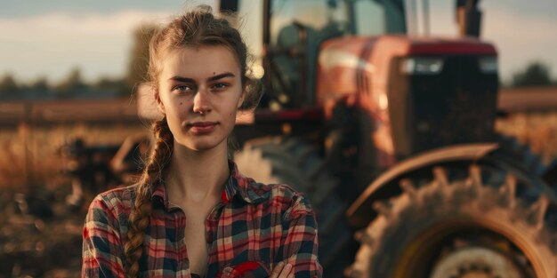 agricoltore donna sullo sfondo di un trattore AI generativa