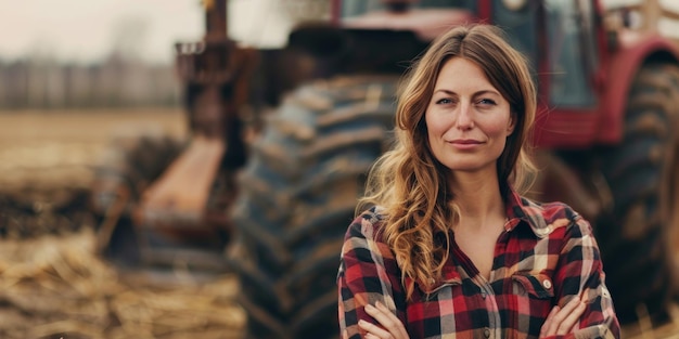 agricoltore donna sullo sfondo di un trattore AI generativa