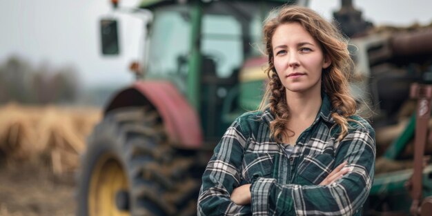 agricoltore donna sullo sfondo di un trattore AI generativa