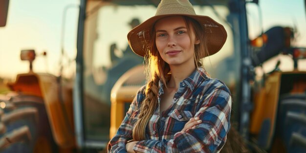 agricoltore donna sullo sfondo di un trattore AI generativa