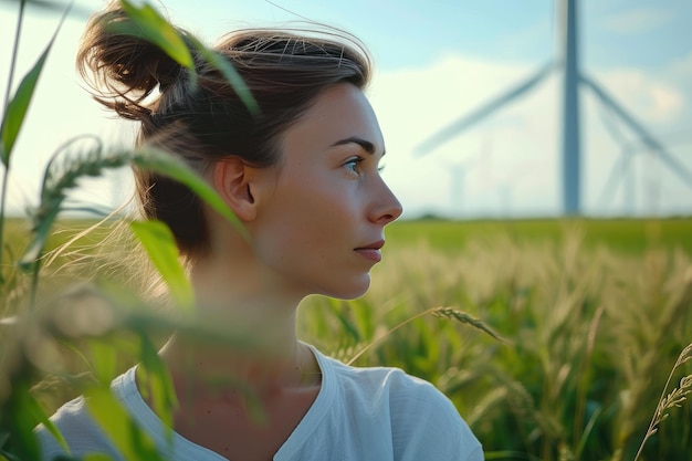 Agricoltore femminile rurale del Rinascimento e turbina eolica