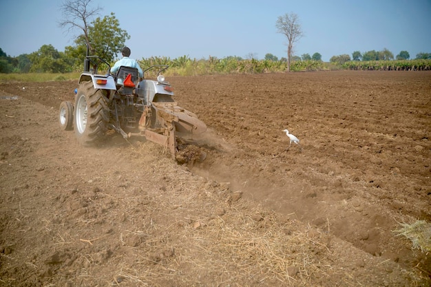 Agricoltore indiano che lavora con il trattore nel campo dell'agricoltura.