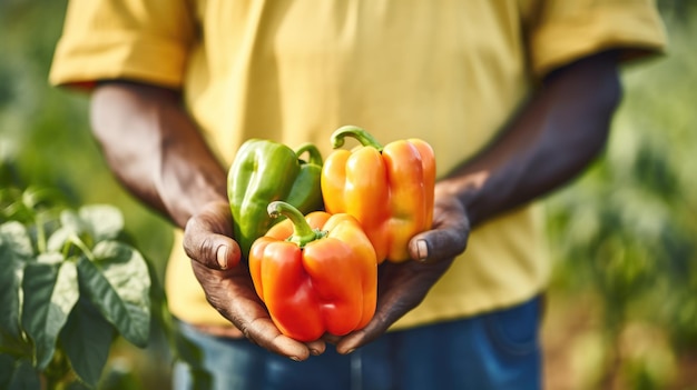 Agricoltore maschio che detiene un raccolto di peperoni