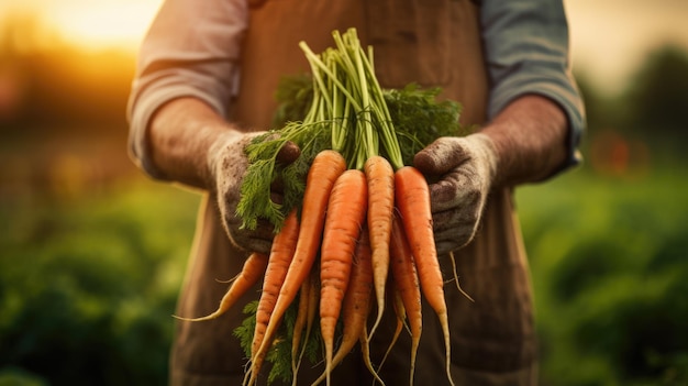 Agricoltore maschio che tiene un raccolto di carote nelle sue mani
