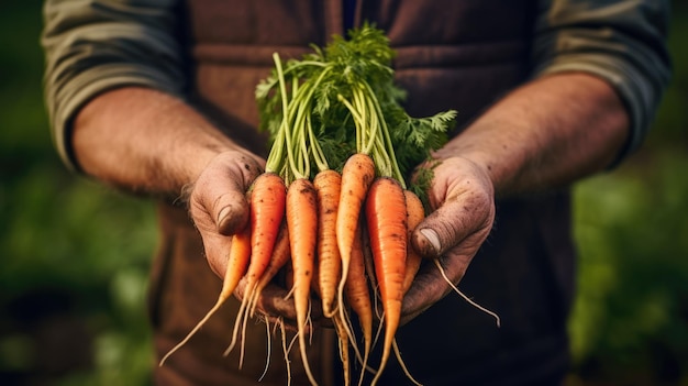 Agricoltore maschio che tiene un raccolto di carote nelle sue mani