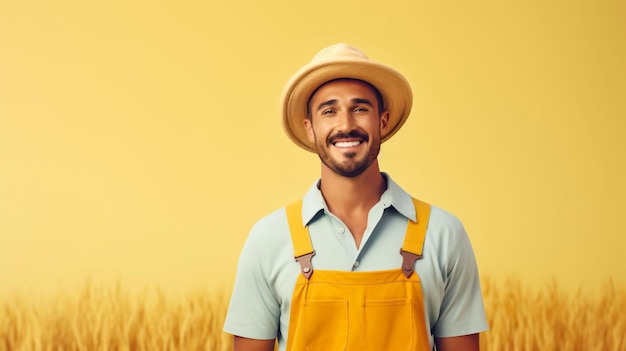 Agricoltore maschio diligente in tuta e un cappello di paglia su uno sfondo color grano