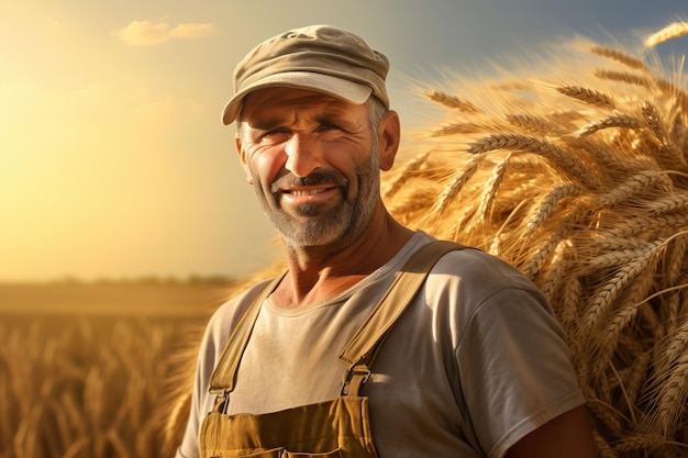 agricoltore maschio vicino a grano dorato che coltiva prodotti ecologici generativi ai