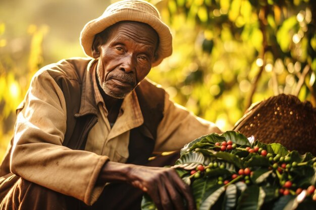 Agricoltore nella piantagione di caffè arabica AI Generative