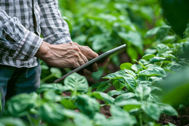 Agricoltore o agronomo intelligente che utilizza un tablet digitale per l'analisi delle piantagioni nella fattoria