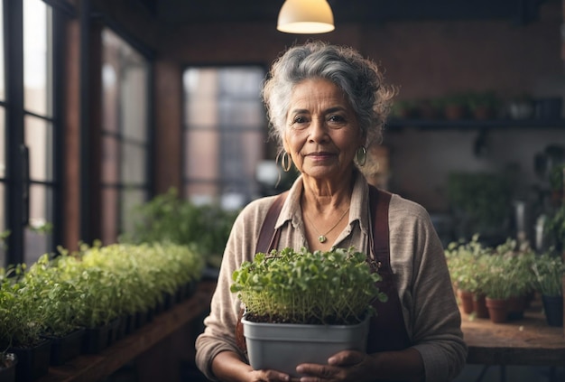 Agricoltore senior femminile moderno dei microgreens