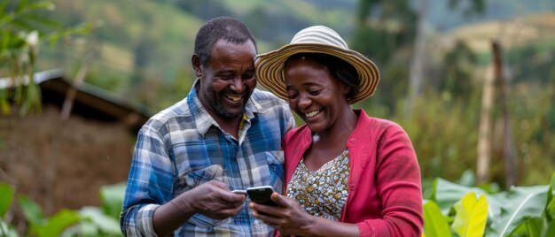 Agricoltori africani che guardano un telefono insieme mentre sorridono in una fattoria