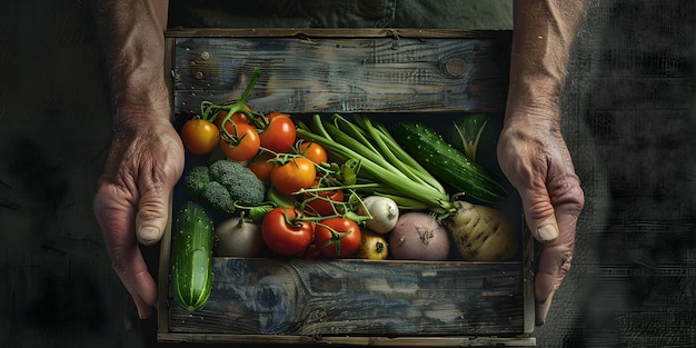 Agricoltori con le mani in culla una scatola di legno piena di verdure biologiche coltivate in casa Concept Fresh Harvest Agricoltura sostenibile Alimenti biologici FarmtoTable Nutrimento della natura