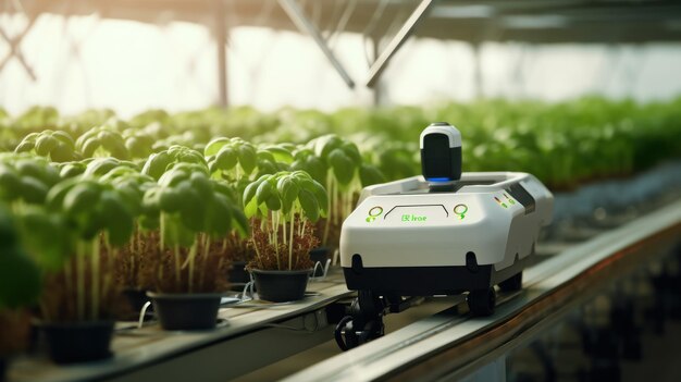 Agricoltori futuristici robotici intelligenti che lavorano sul campo Tecnologia agricola Automazione agricola