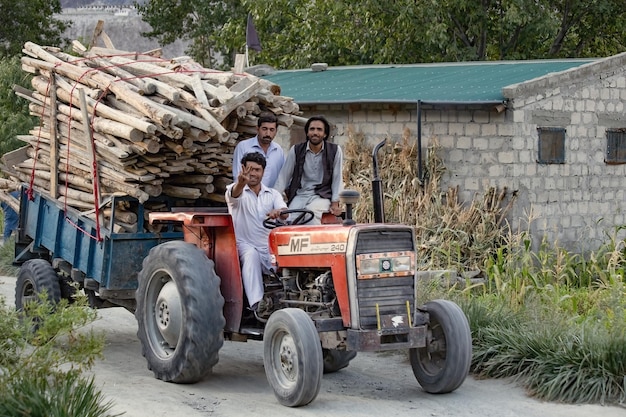 Agricoltori pakistani nel trattore tempo di raccolta campo Pakistan