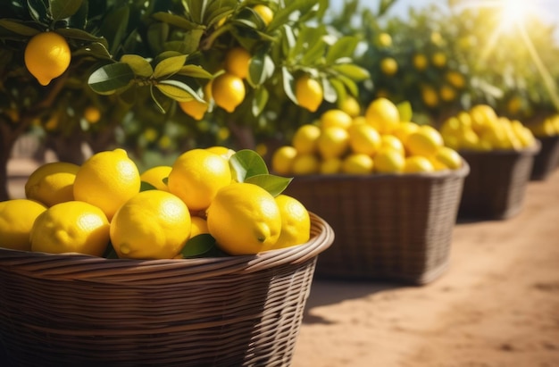 Agricoltura biologica lunghe piantagioni di limoni giardino di limoni all'orizzonte rami di limoni cesti di fiocco con limoni maturi giorno soleggiato tramonto o luce dell'alba