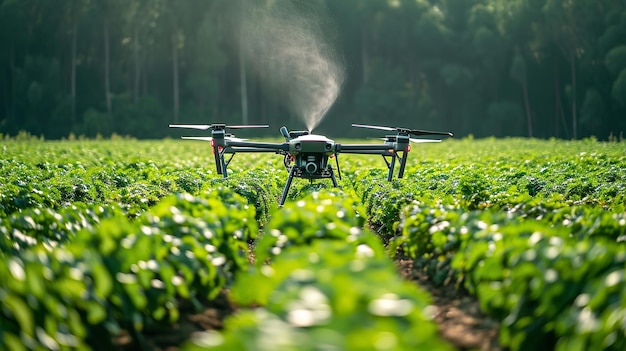 Agricoltura di precisione che utilizza droni per irrorare le colture, un concetto del settore agricolo digitalizzato IA generativa