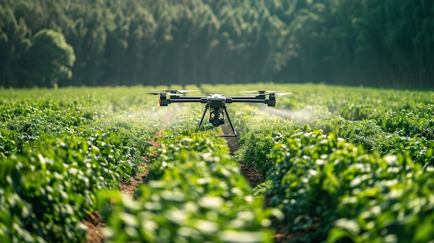 Agricoltura di precisione che utilizza droni per irrorare le colture, un concetto del settore agricolo digitalizzato IA generativa