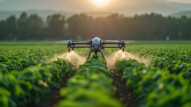 Agricoltura di precisione che utilizza droni per irrorare le colture, un concetto del settore agricolo digitalizzato IA generativa