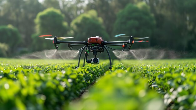 Agricoltura di precisione che utilizza droni per irrorare le colture, un concetto del settore agricolo digitalizzato IA generativa