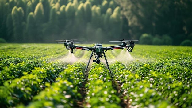 Agricoltura di precisione che utilizza droni per irrorare le colture, un concetto del settore agricolo digitalizzato IA generativa