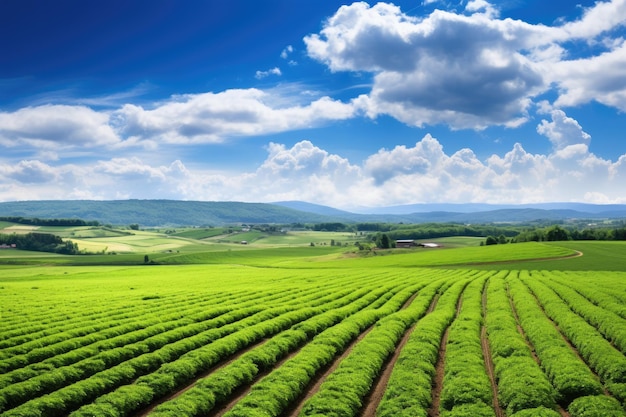 Agricoltura in Toscana Italia Campo verde e cielo blu Foto panoramica di una bellissima vista agricola con piantagioni di pepe e porro AI Generato
