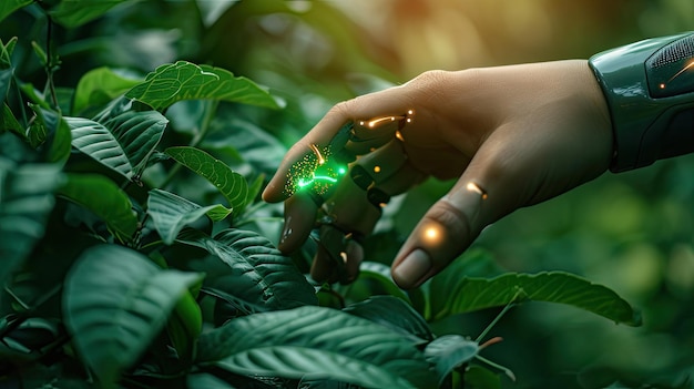 agricoltura intelligente industria futuristica 40 concetto tecnologico cyborg mano messa a contatto mano con foglie verdi con tecnologia hud tra cui intelligenza artificiale 5g per l'analisi dei dati della fattoria intelligente