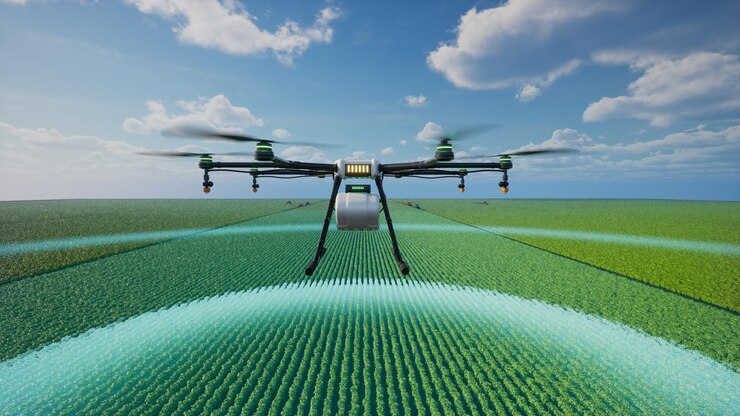 Agriculture drones scan the area to determine the route for spra
