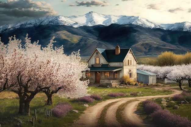 Agriturismo circondato da frutteti di ciliegi in fiore con le montagne sullo sfondo