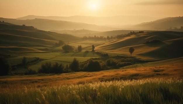 Agriturismo idilliaco nel paesaggio ondulato della provincia di Siena generato da AI